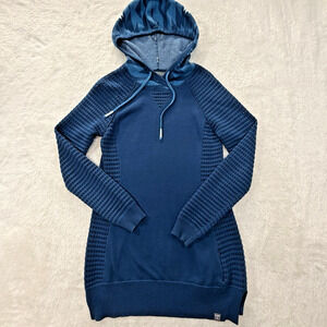 Title Nine Tunic Sweater XS Longline Hooded Open Knit Long Sleeve Blue